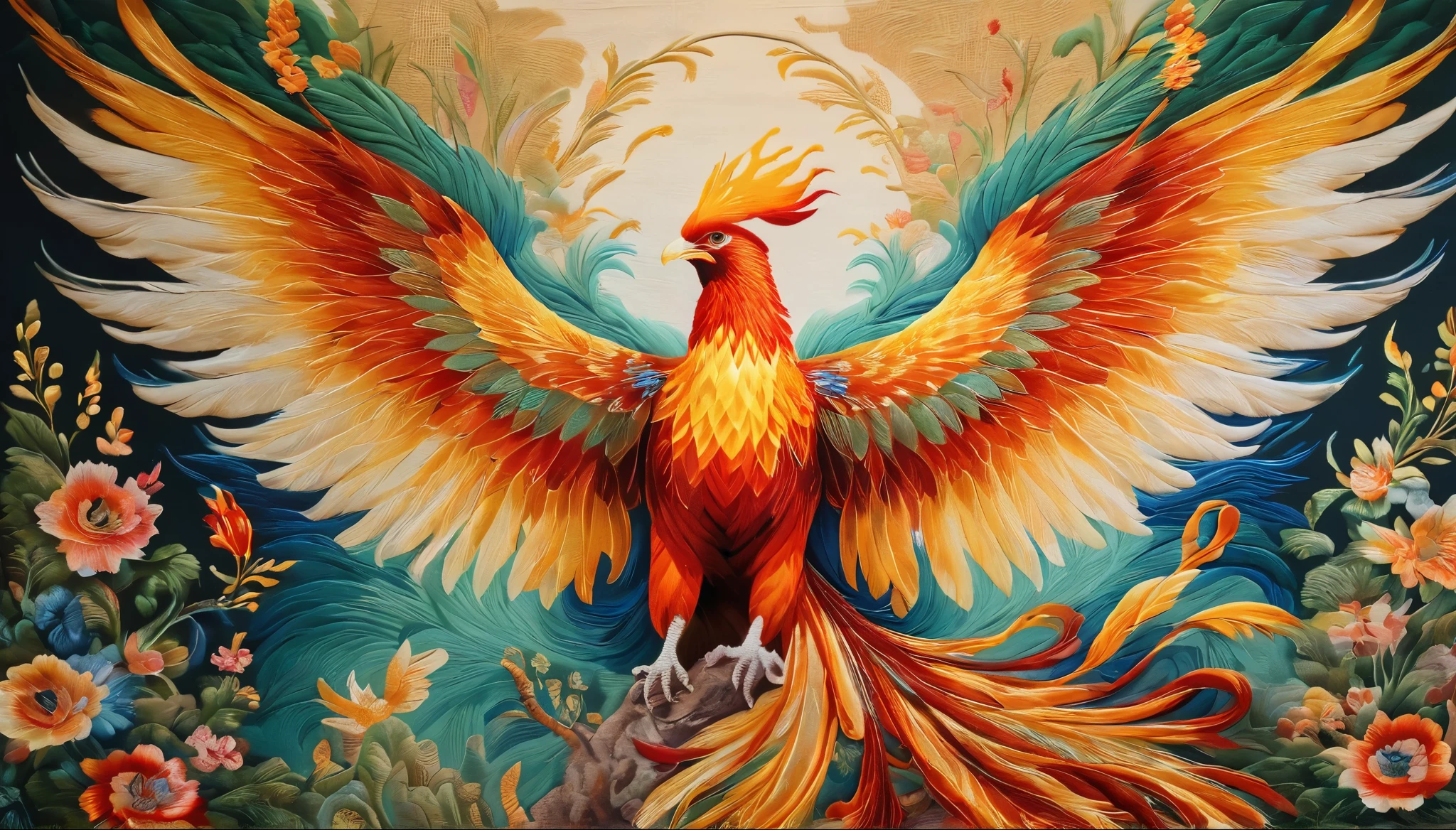 Pale colors, ((Astonishingly absurd)), Ultra high resolution, Attention to detail, High quality, High resolution, Top quality, 4K, 8k, Artwork, Fantastic work,embroidery、Old tapestry、Phoenix、Phoenix、spread your wings wide、Long tail feathers are distinctive