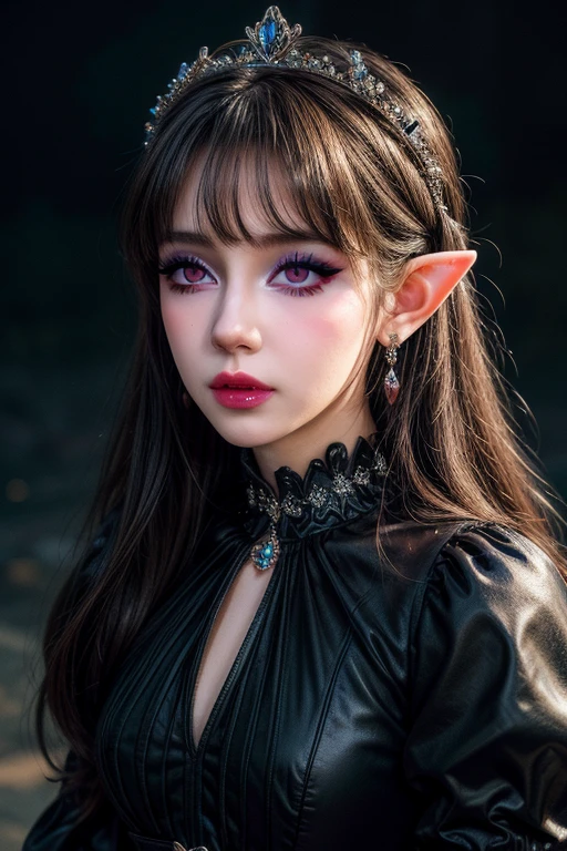 masterpiece,best quality,realistic,highres,Highly detailed,blurry background,1girl,((portrait)),close-up,bangs,elf,elf ear,crystal earrings,((crown)),crystal crown,(black dress),(juliet sleeves),corset,red_bow,collar,((night)),fluorescent plant,neon lights,