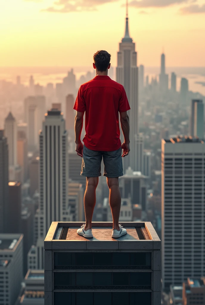 A man standing in top of building with red shirt and half pant