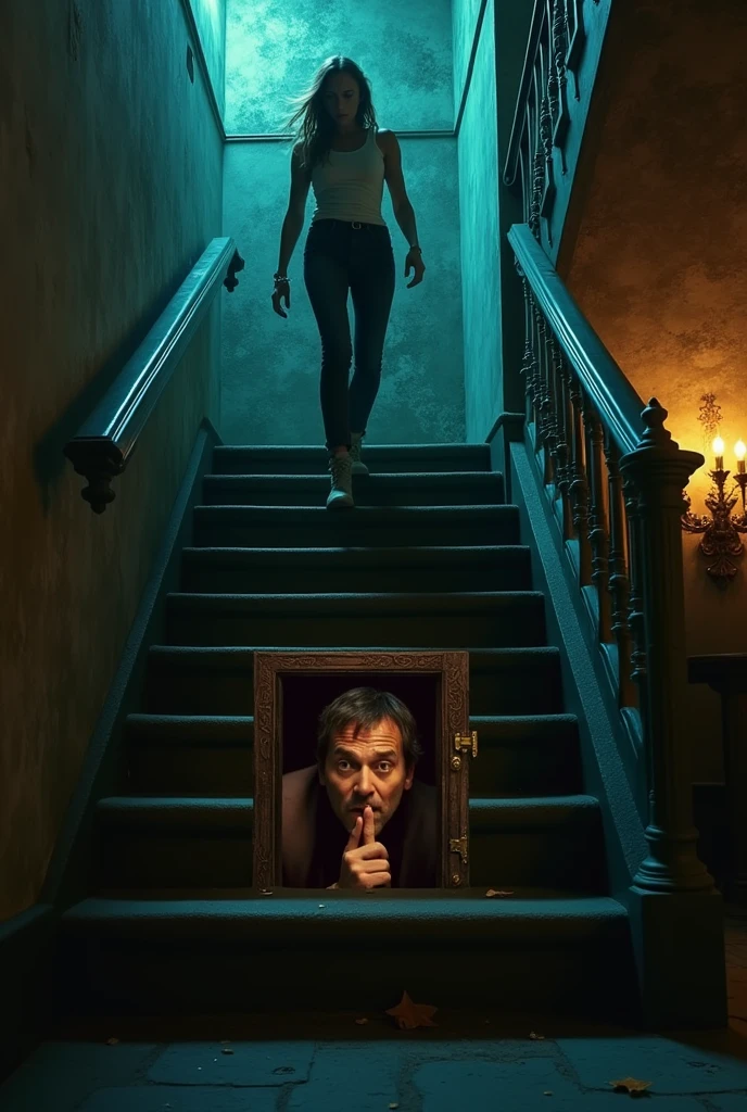 "Create a YouTube thumbnail featuring a woman climbing up a staircase. At the base of the staircase, there's a hidden door leading to a gaming room. From behind this secret door, a man is gesturing for silence. The scene should capture a sense of intrigue and adventure."
