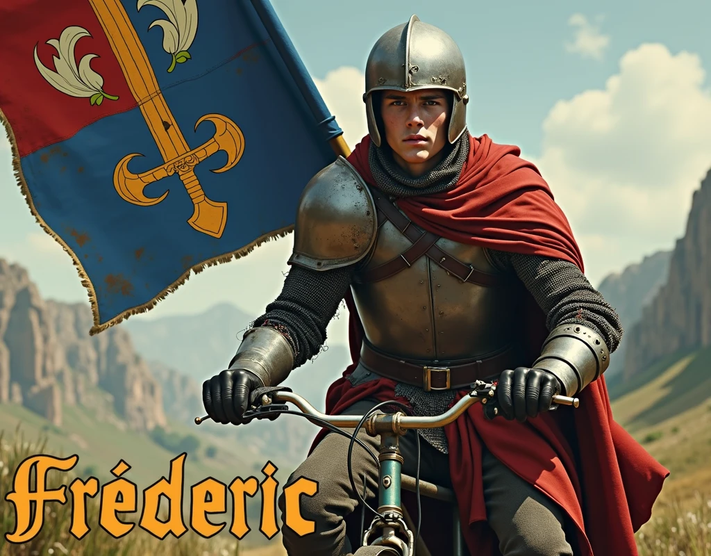 A movie poster depicting a young man riding a classic old bicycle, with a (large blue and red banner with coat of arms thin vertical yellow sword painted upwards between 2lily flowers), damaged by fighting. wearing medieval battered chain mail, helmet, gloves, very battle-damaged, blue and red coat of arms. He has white pale skin and exhausted face and sweat. He's in valley with the words "Frédéric" written in large golden letters in the foreground.