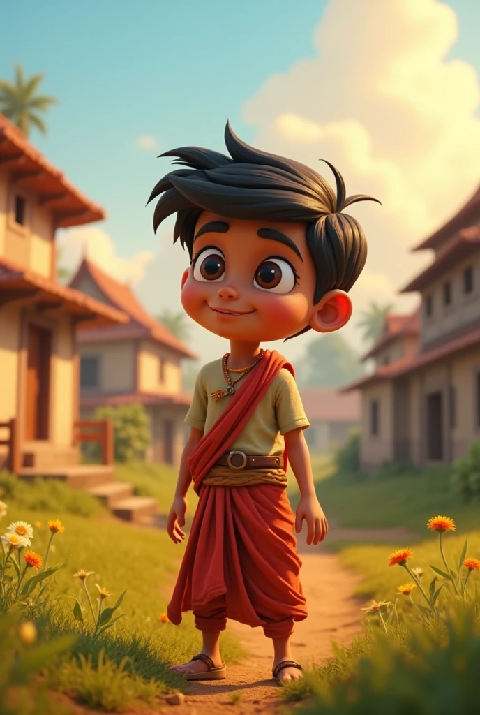 In cinematic 3d cartoon style '**Title: मोहन की अच्छाई**

**Description:** A picturesque village scene featuring a young, hardworking boy named मोहन in traditional attire, working diligently in a field. In the background, there is a glimpse of a small, simple village with modest houses. The focus is on मोहन discovering a beautiful, sparkling piece of jewelry in the field. The jewelry is prominently displayed, reflecting its beauty. In another part of the scene, मोहन is seen presenting the jewelry to the village chief, who looks impressed. Finally, depict मोहन using the money received from the chief to repair a village school and helping impoverished villagers. The overall atmosphere should be warm and filled with a sense of community and goodwill'