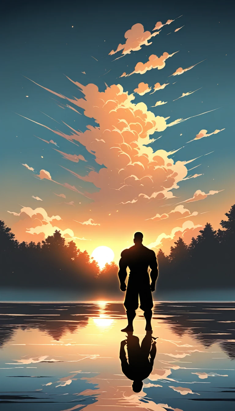 A Strong Buddhist muscular man stands in the smoke, Black jumpsuit, Very tight, Silhouette effect, Tall muscular man, Priapus, Dark Black, Dark black skin, Buzz Cut, His muscles are very developed, Very tall, short hair, Blend into the smoke, Lake, Reflection, Sunset, Sunset, Man silhouette, Chinese, black and white, Simple style