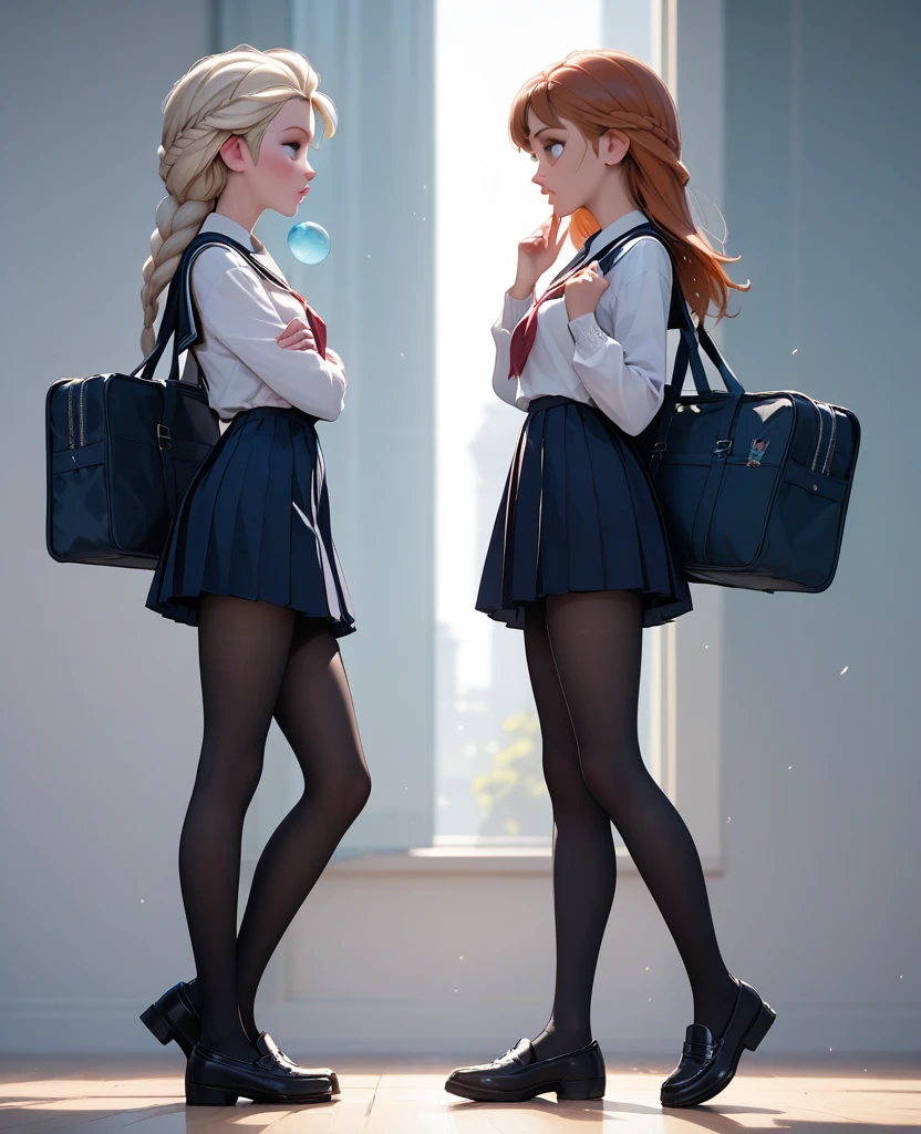 score_9, score_8_up, score_7_up, 2girls, 1girl (Anna) and 1girl (Elsa), side view, (full bodies in view), school uniforms, black school shoes, wind blowing up skirt