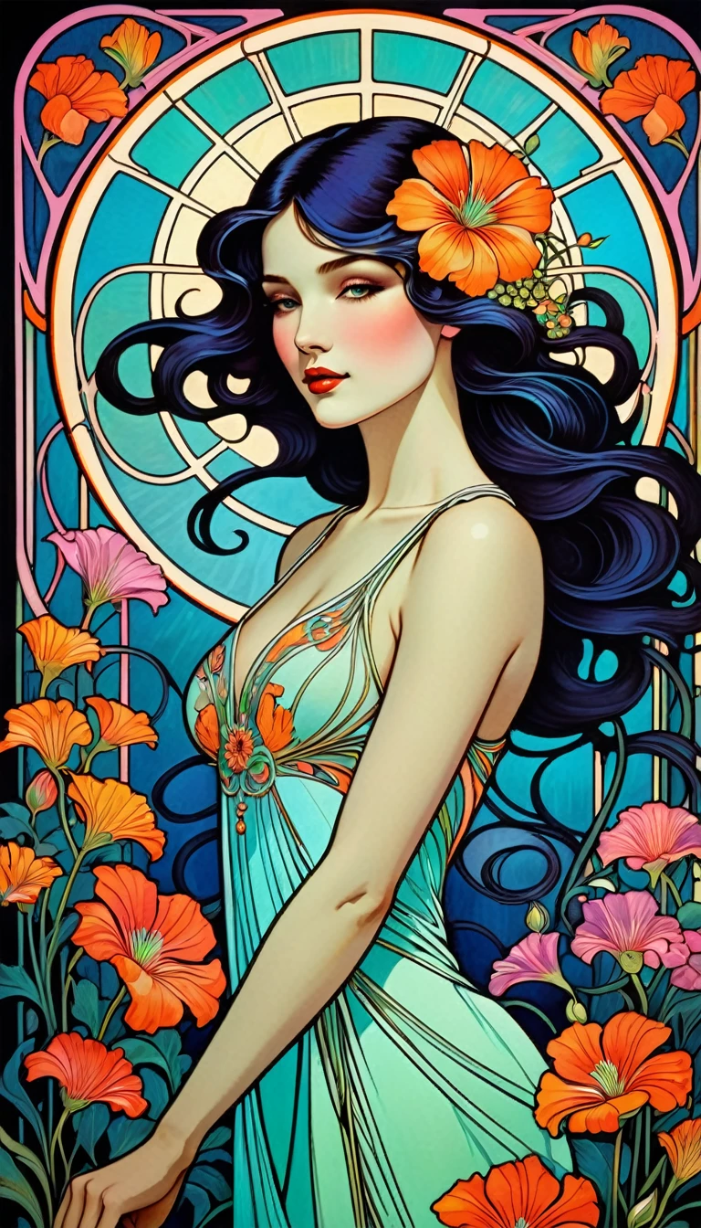 Imagine a powerful and elegant woman in an Art Nouveau setting., As brightly colored neon flowers grow around her.. Women's outfits must feature bright colors and neon details., Highlighting her graceful figure. Flowers should create a natural frame., Add elegance to the scene. The image should look exciting and full of life..
