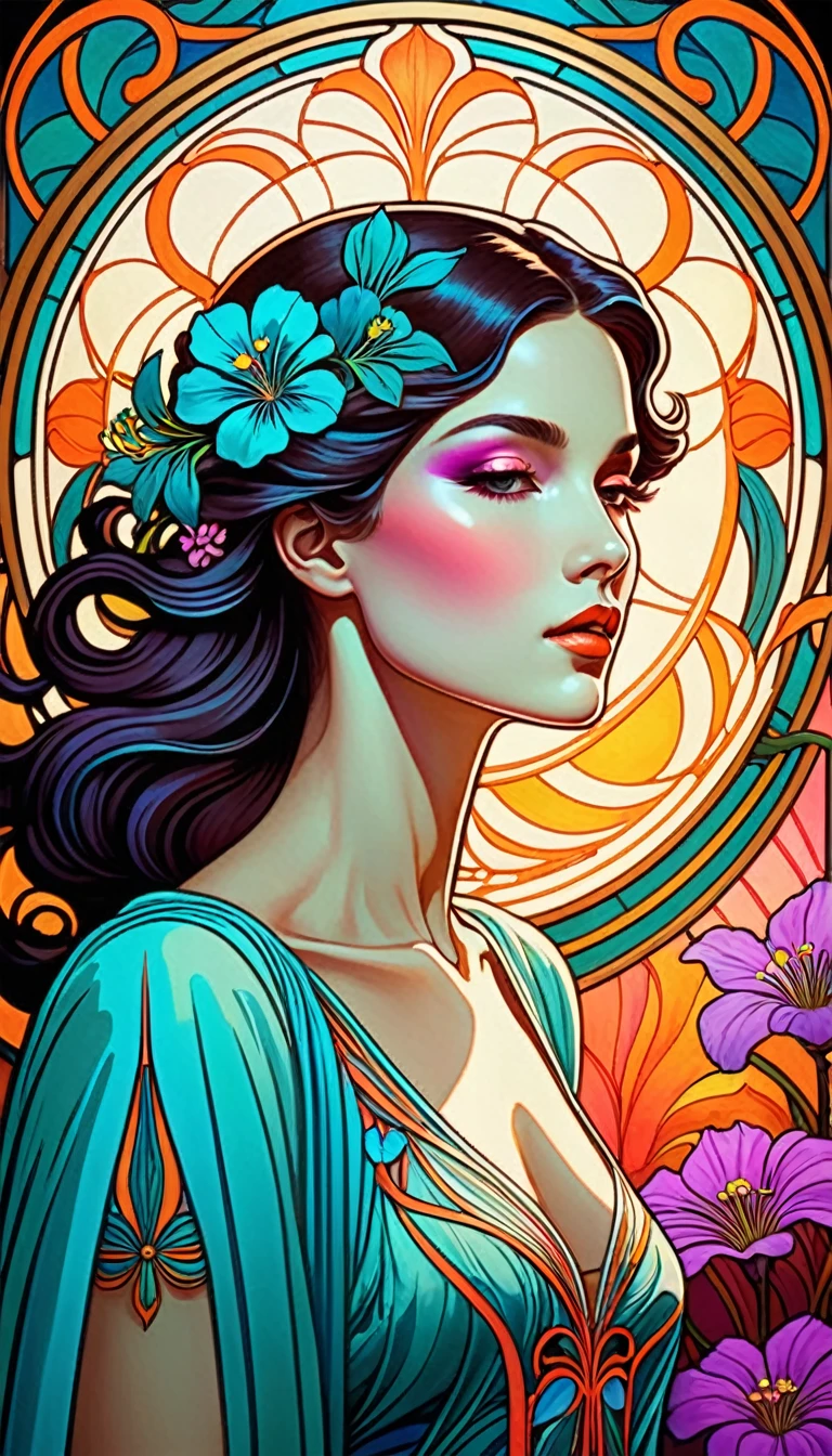 Imagine a powerful and elegant woman in an Art Nouveau setting., As brightly colored neon flowers grow around her.. Women's outfits must feature bright colors and neon details., Highlighting her graceful figure. Flowers should create a natural frame., Add elegance to the scene. The image should look exciting and full of life..