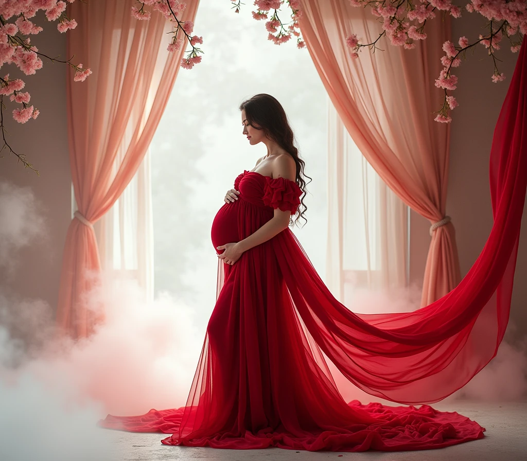 pregnant woman in red gown standing in front of floral with curtain , a picture inspired by Gabriel Ba, tumblr, conceptual art, red gown, maternal photography 4 k, flowing red gown, draped in velvet and flowers, stunning elegant pose, long luxurious gown, modest flowing gown, !!beautiful!!, long luxurious flowing gown, in front of white back drop, amazing professional picture, add some smoke and cloud in ground , red dress