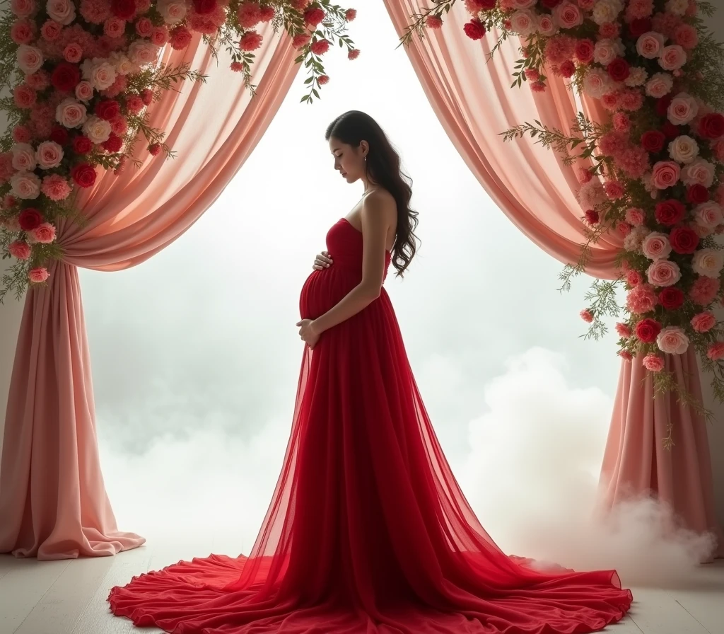 pregnant woman in red gown standing in front of floral with curtain , a picture inspired by Gabriel Ba, tumblr, conceptual art, red gown, maternal photography 4 k, flowing red gown, draped in velvet and flowers, stunning elegant pose, long luxurious gown, modest flowing gown, !!beautiful!!, long luxurious flowing gown, in front of white back drop, amazing professional picture, add some smoke and cloud in ground , red dress