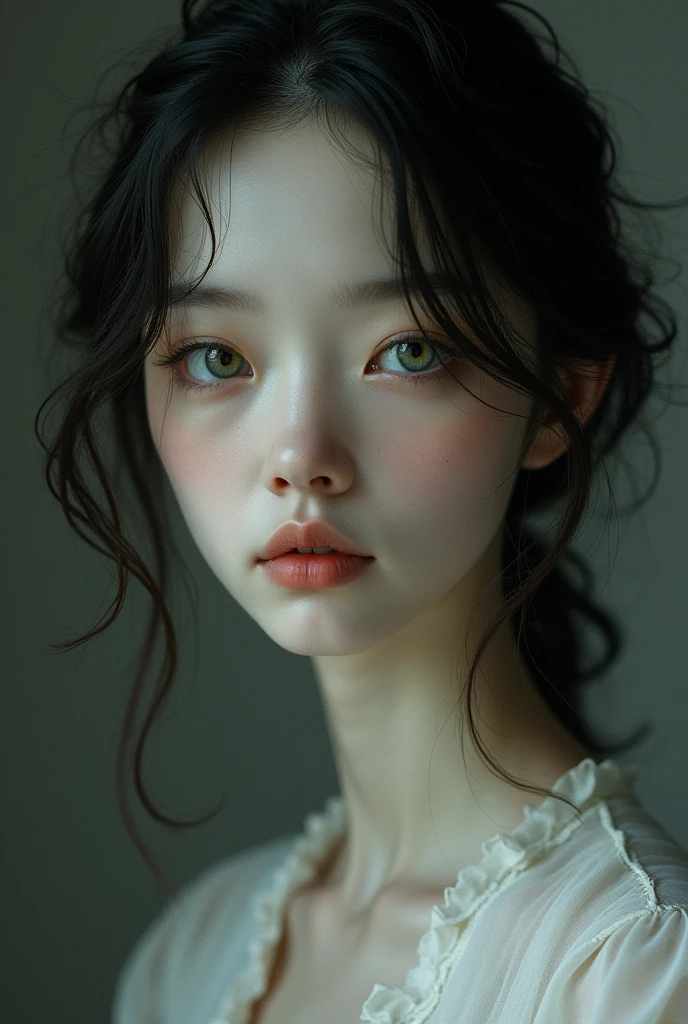 fair skin with dark hair that gently curls into loose waves. They have small mouths with thin, colorless lips., small teeth, but regular, long noses that tend to curve, narrow face and sunken cheeks, light green or brown eyes with heavy eyelids that are kept half-closed, except in moments of intense emotion, long necks, thin hands with elongated fingers