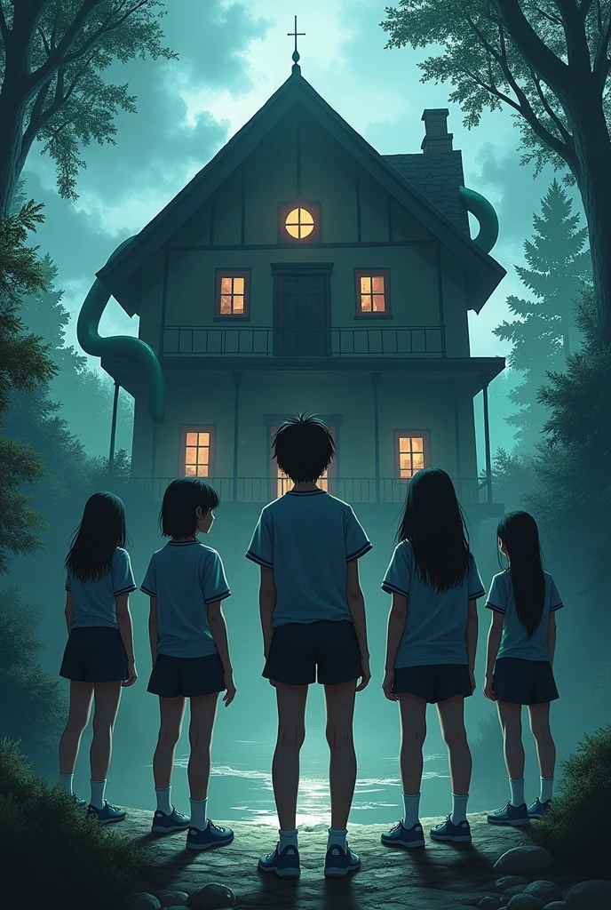 Haunted house between water source, large snake on the upper floor. On front five black s wearing short school uniforms covered with blood seeking for help. Tittle of the book written "NO ROOMS FOR HUMAN" In the middle of the water source