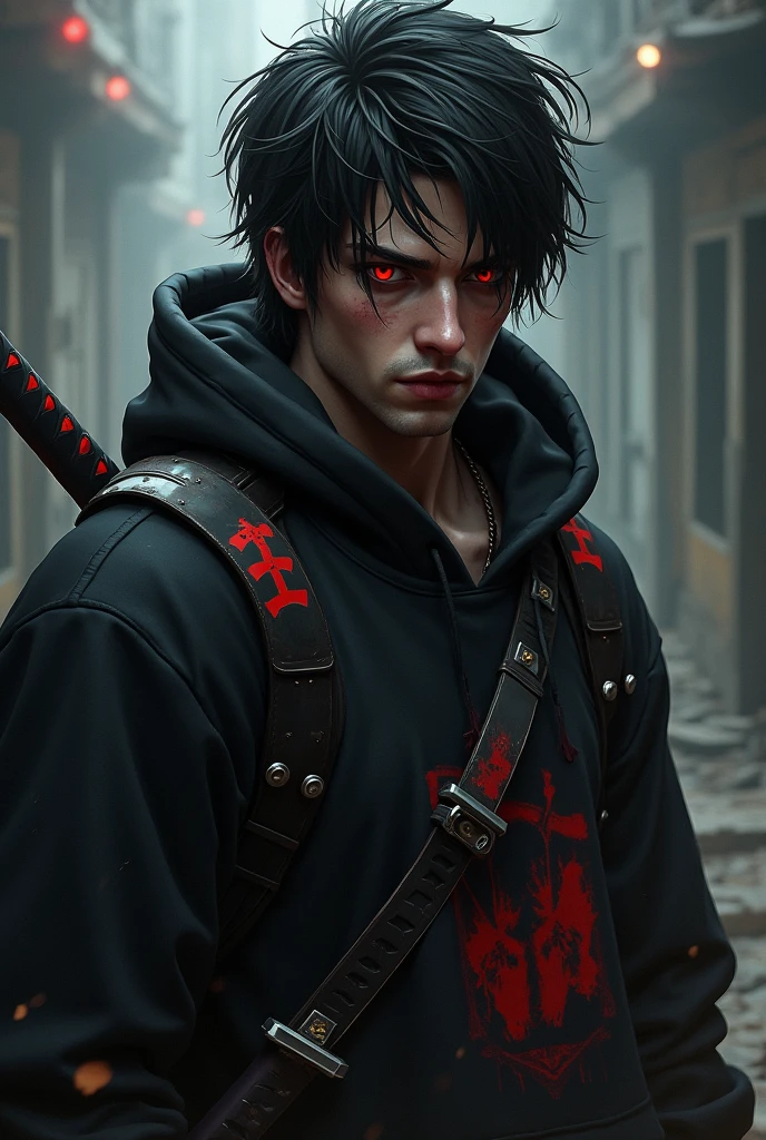 An injured male character with red eyes, black hair tossed to one side, black sweatshirt with red details, and a katana