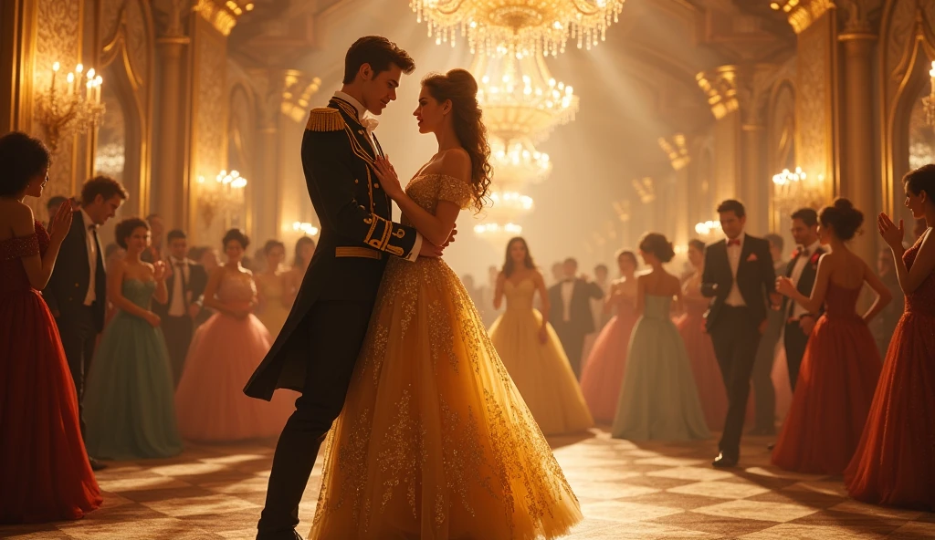 Dancing with the Prince, Cinderella in golden dress, Party background, Beautiful lights,Many people