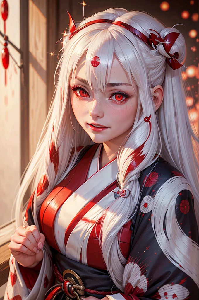 A masterpiece of the highest quality, 1 girl, One, White hair, japanese clothing, kimono, long hair, I look at the viewer, ((Red eyes)), smile, sparkling eyes, ((hands on your own face)), blood on the face, ((blood swirl)), (yandere:1.4), (sparkling eyes:1.4), Crazy eyes