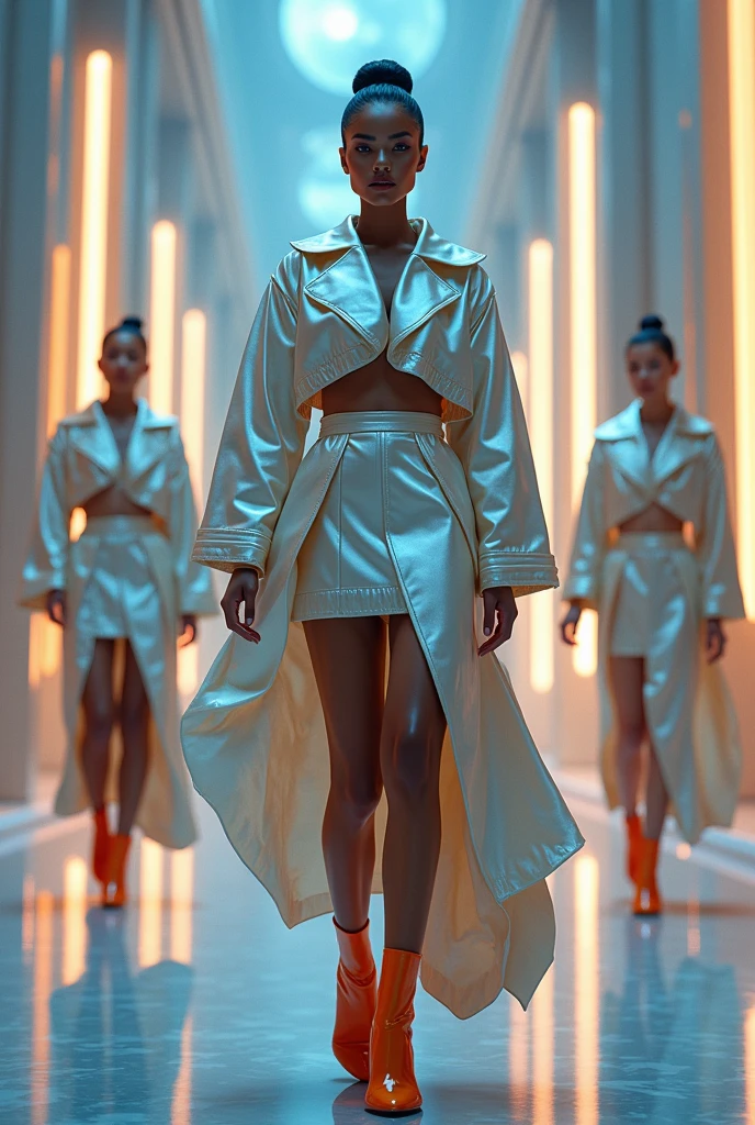 [Subject: Futuristic Surreal Fashion in an Opulent Universe] A photorealistic 4K image of three women in a grand, futuristic hall, dressed in exaggerated, high-fashion versions of the provided outfit. The central figure wears a {metallic satin cropped jacket with exaggerated angular shoulders and oversized, flaring cuffs, paired with a high-waisted, asymmetrical satin skirt that flows like liquid light}. Her shoes are {sculptural, orange heeled mules that seem to defy gravity}, and her hair is {slicked back into a sleek, mirrored bun, reflecting the ambient light}. The other women wear similarly striking outfits with {sharp, geometric silhouettes and flowing, dynamic skirts}. The setting is a {futuristic palace with glowing, translucent columns and a ceiling that opens to the cosmos}. The camera captures the scene with {ethereal lighting that highlights the surreal outfits and opulent environment, creating a cinematic, fashion-forward image}.
