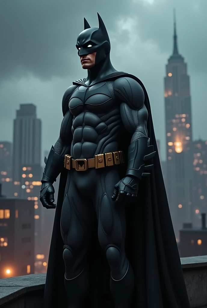 (photorealism:1.2), Manny Jacinto as Batman with grayish white eyes, a slightly lean stature, not too bulky but not too skinny, standing on a rooftop over Gotham's gloomy skies with the bat signal next to him