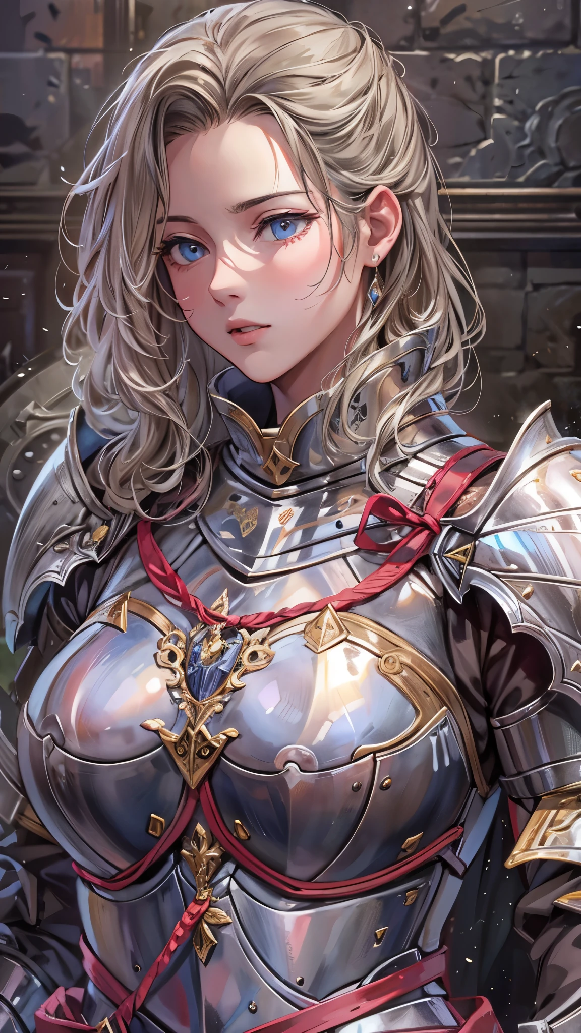 ((Highest quality)),(Ultra-high resolution),(Super detailed),(Detailed Description),((The best CG)),(masterpiece),Highly detailed art,(Art with precise detail:1.5), (Female Knight:1.6)),(Beautiful and well-proportioned face:1.5),Sharp Eyes:1.6,Cleavage,(Full Armor:1.6, Complex:1.3, Solid, Precision engraving),shield,Broadsword