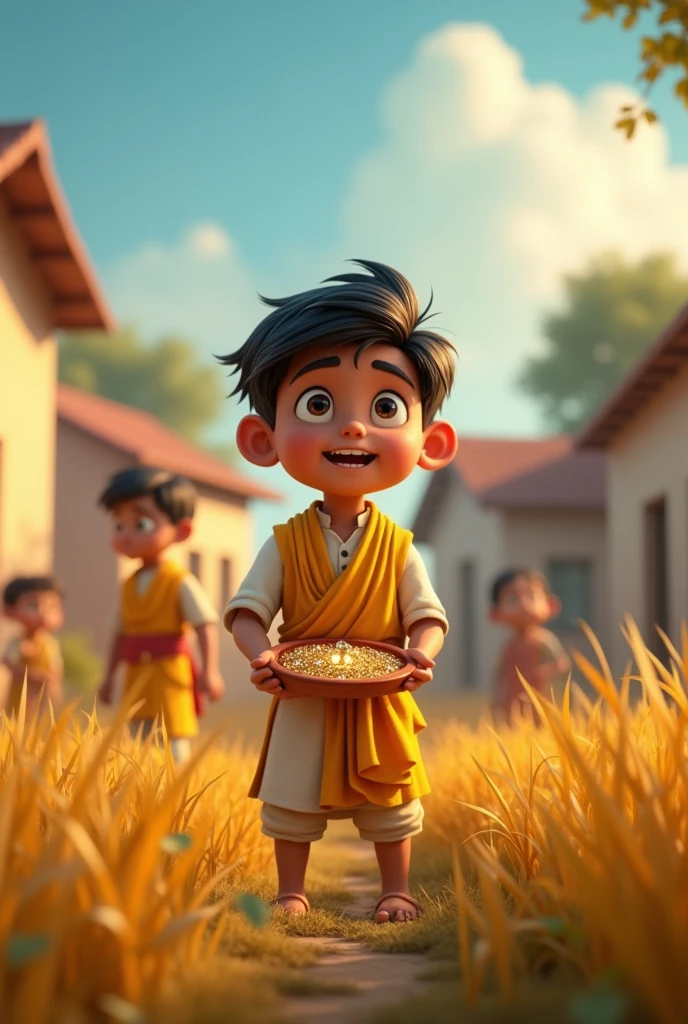 Please imagine an illustration showing Lord Shri Krishna stealing Makhan. The picture will feature Shri Krishna as a young boy, who appears playful and cute. He is holding a pot of Makhan in one hand and removing part of the makhan with his fingers. They will have a mischievous smile and a sense of joy on their faces. In the background there may be clay houses, pots, and rural scenes in the vicinity, which will bring this view to life. Shri Krishna's outfit will be the traditional yellow robe, and his jewelry will have a beautiful refinement.