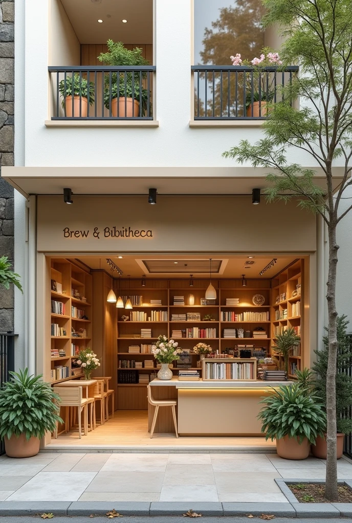 Exterior modern aesthetic and a light beige vibe of café with flower shop and book shop. EMPHASIZING the name of the shop "BLOOM & BREW BIBLIOTHECA".