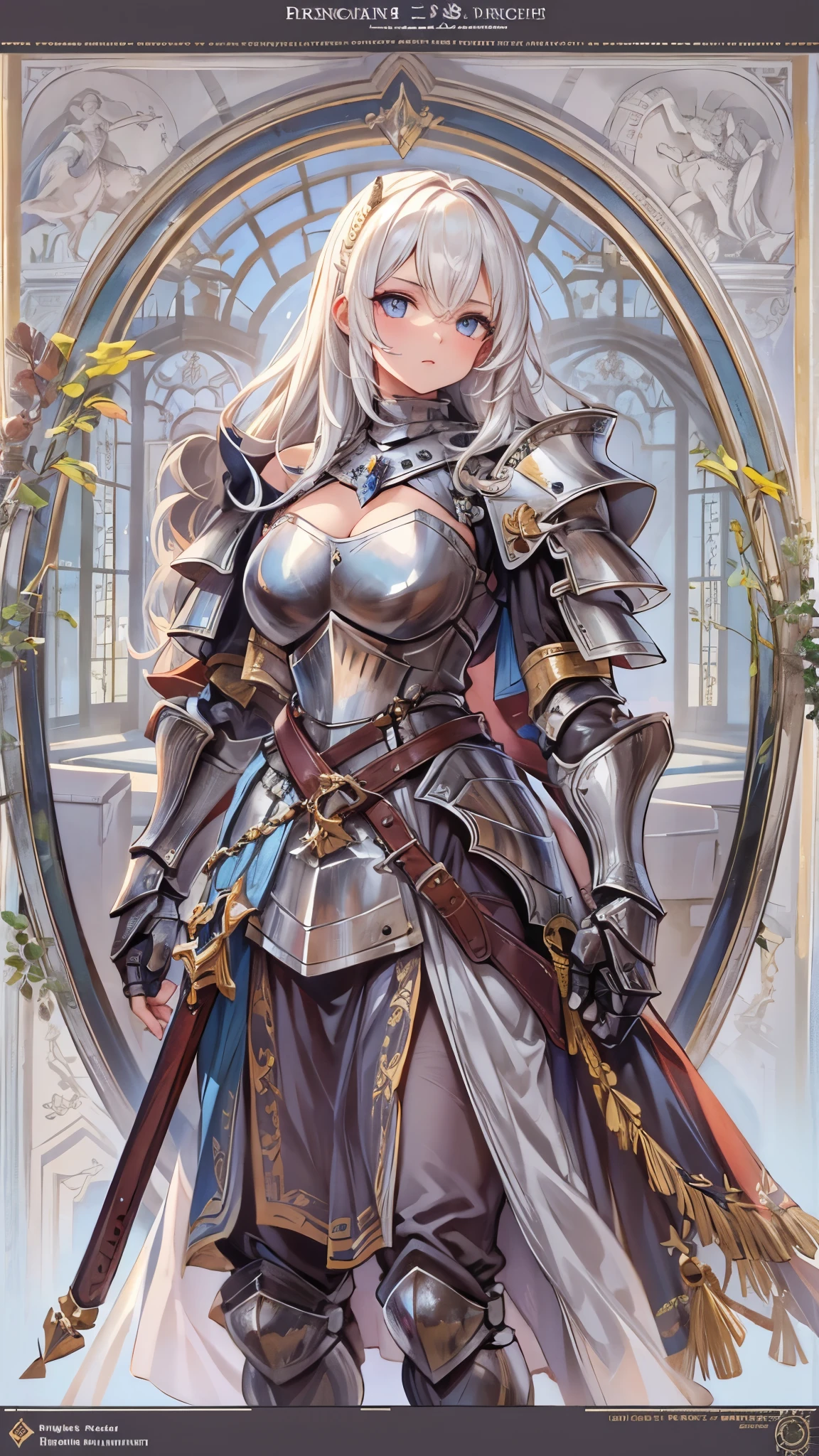((Highest quality)),(Ultra-high resolution),(Super detailed),(Detailed Description),((The best CG)),(masterpiece),Highly detailed art,(Art with precise detail:1.5), (Female Knight:1.6)),(Beautiful and well-proportioned face:1.5),Sharp Eyes:1.6,Cleavage,(Full Armor:1.6, Complex:1.3, Solid, Precision engraving),shield,Broadsword