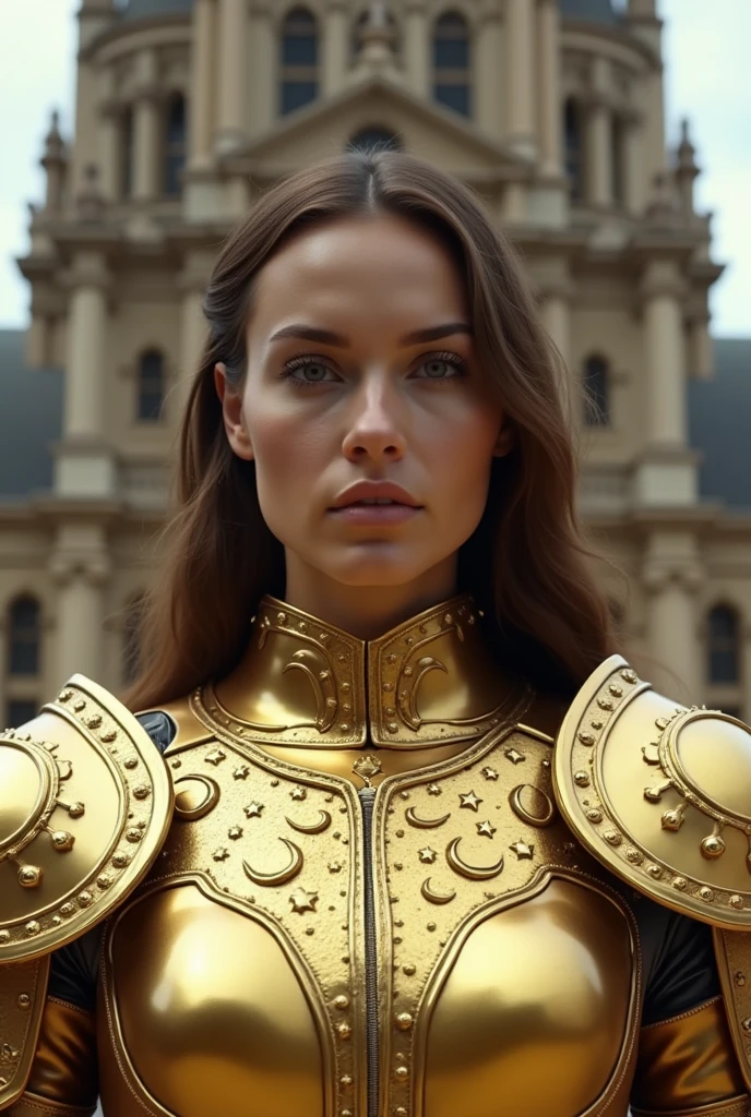 A close-up of a woman in a golden VIRGO SIGN suit of knights of the zodiac standing in front of a building.
