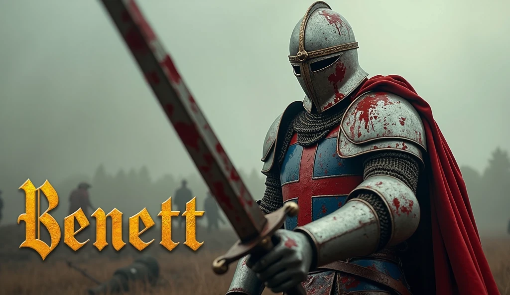 A movie poster depicting a scary knight holding a bloody two-handed sword. (medieval battered light armour & helmet, very (damaged by fighting), blue and red coat of arms, with vertical yellow thin sword simple logo pointing upwards). bloods, (He's on a battlefield with the words "Benett" written in large golden letters in the foreground).
