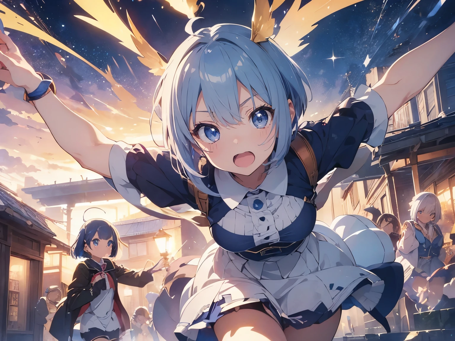 Angel with wings、Tablond fights 、Absurd, Moneyの髪, 美しいblue eyes,(Short Bob:1.5),高solve, (Anime Style:1.4), ((Highest quality)), (Very detailedしい), nature(Large Breasts:1.3)blue eyes,magic気合いを創り出す、Original Costume、magic 、reveal,masterpiece,battlefield(1.5)、She is wearing a blue uniform.、燃えるMoneyの髪 Accurate needle(Sun and Light. Cinematic.Itting)(Great image quality)With bright light particles(Many effects in the background) Beautiful and detailed, Glowing Skin, solve, (Anime Style:1.4)High Contrast, ((masterpiece, Highest quality)) (Money: 0.9),Moneyファイアブレイクプロダクションアート (Warm light source: 1.2),Intricate details, Volumetric LItting, Realism Break (masterpiece: 1.2) Very detailed (moving composition: 1.4), Highly detailed and colorful, (Brilliant lItting,Golden lItting), dream-like, magic, (alone: 1.5) Perfect Fingers Pull your elbows back and get ready clench one's fist