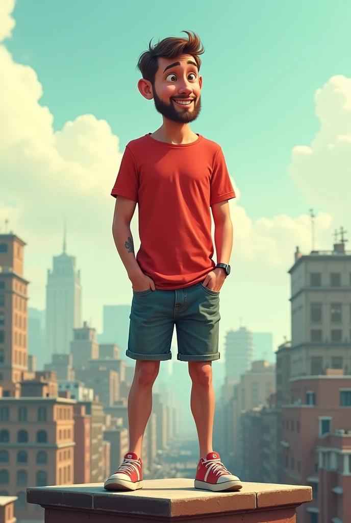 A man standing in top of building with red shirt and half pant with cartoon face