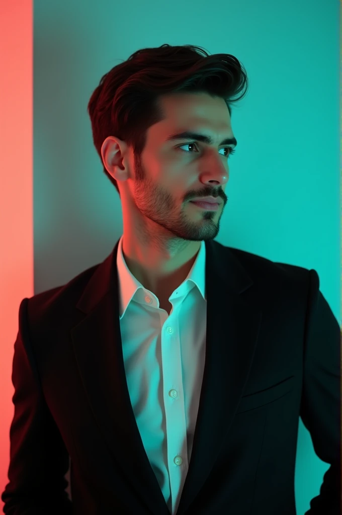 a young man with dark hair and a confident small he is deressed in a black blazer over white shirt.the man is positioned Against aqua colour backdrop with a subtle red lighting on the left side and he post for linkedin profile