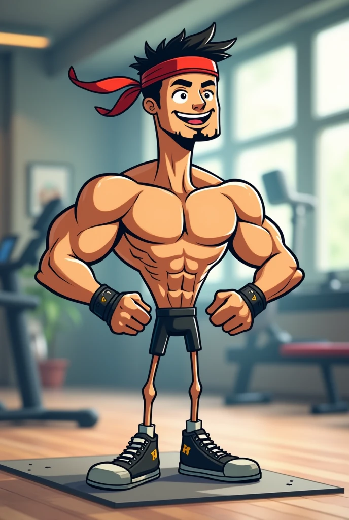 "Draw a stick figure character working out at the gym. It should have simple yet expressive features, with exaggerated muscles in the arms and legs for a humorous touch. The character could be lifting weights, doing push-ups, or any other bodybuilding exercise, wearing accessories like a headband or workout gloves. The scene should be fun and charismatic, capturing the cheerful spirit of a gym enthusiast."