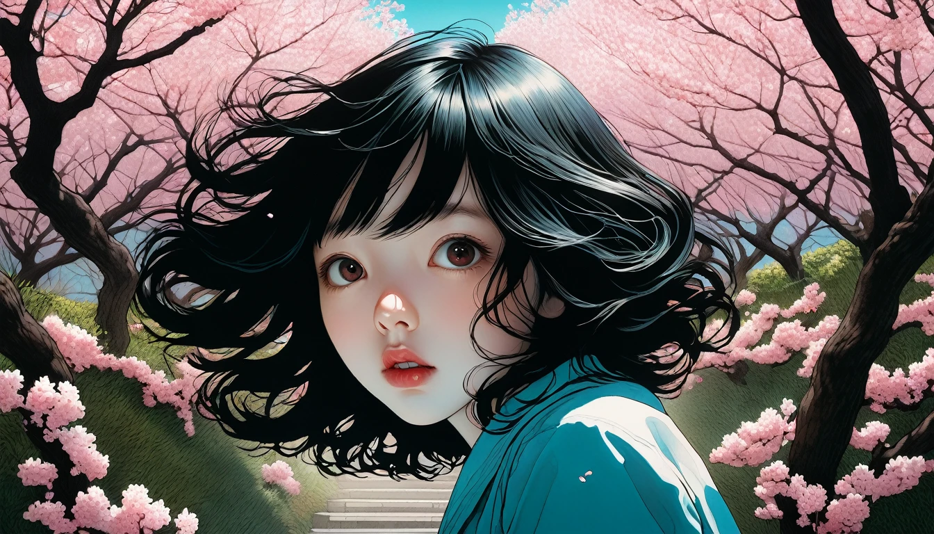 An illustration、art、Supervised by Junji Ito、Overaction、Overreaction、Pretending to be scared、Attention to detail, Realistic shadows、Analog Style, chromatic aberration, Surrealism、cherry blossoms