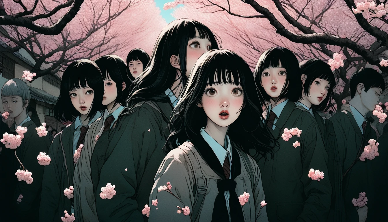An illustration、art、Supervised by Junji Ito、Overaction、Overreaction、Pretending to be scared、Attention to detail, Realistic shadows、Analog Style, chromatic aberration, Surrealism、cherry blossoms