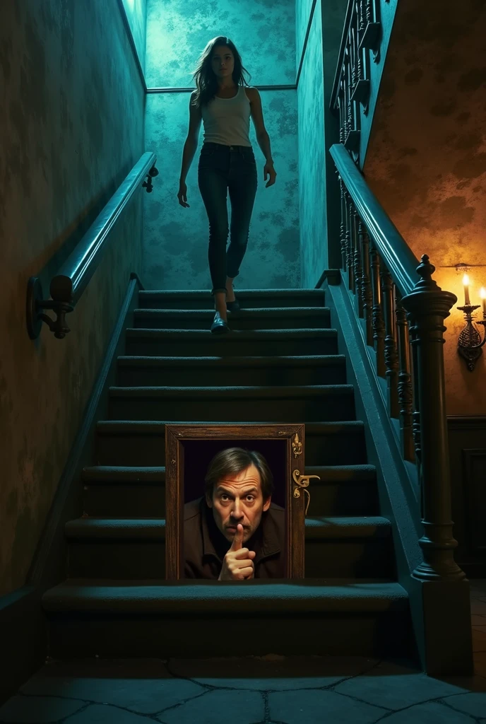"Create a YouTube thumbnail featuring a woman climbing up a staircase. At the base of the staircase, there's a hidden door leading to a gaming room. From behind this secret door, a man is gesturing for silence. The scene should capture a sense of intrigue and adventure."