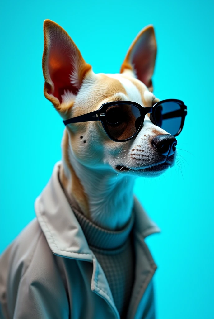 The best cell phone wallpaper, Award-Winning Wallpaper, portrait photography, In the front view is a portrait of a cute dog wearing mid-1960s space age fashion, Side view photo, Shot with Canon EOS R5, Set a strong contrast that accentuates the subject, Fluorescent blue tone, Wearing a very modern coat and sunglasses is a modern 1960s style, Clothes all in one color, beautiful background