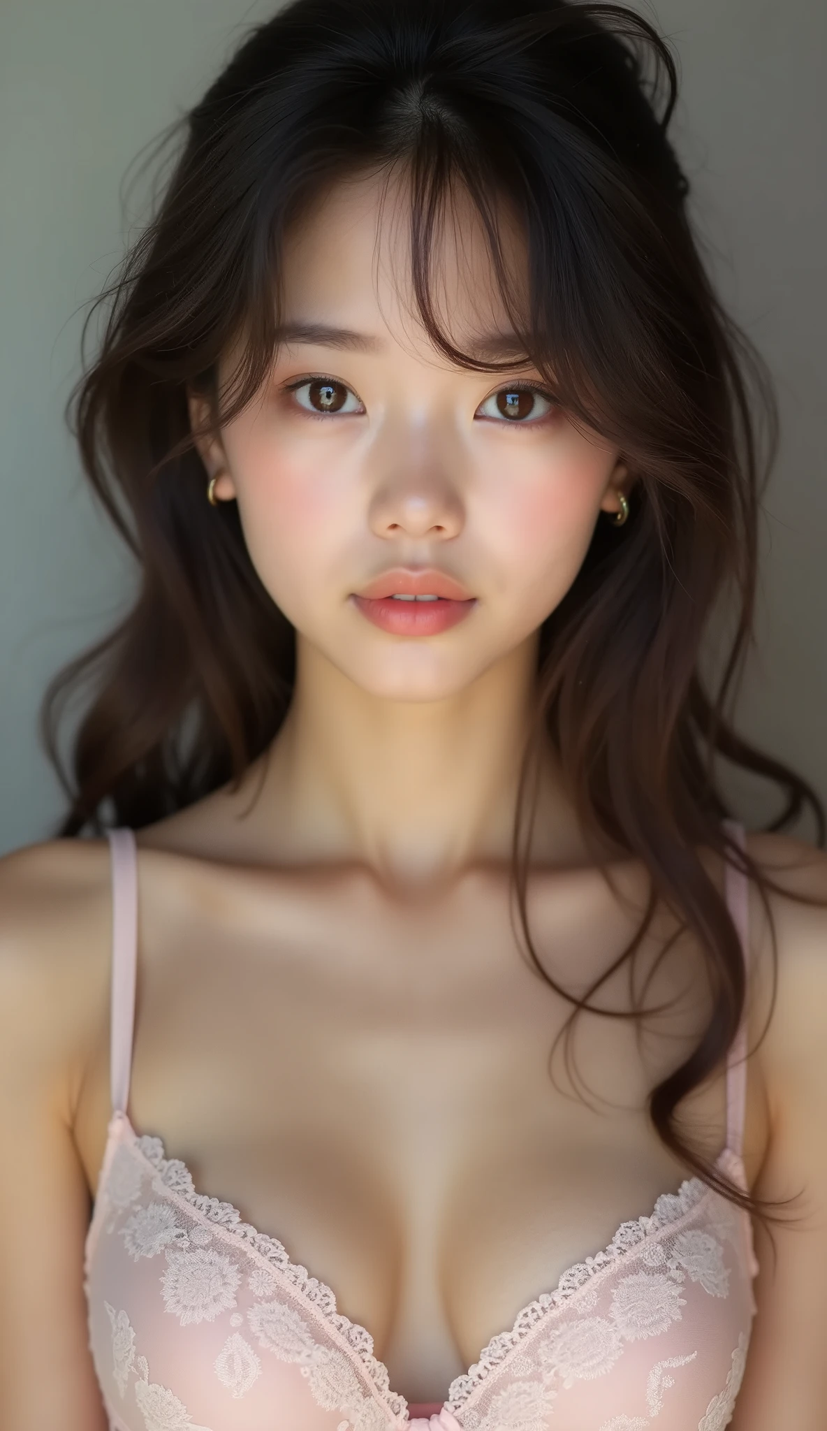 raw photo, ung girl, kawaii, 18yo, brown eyes, extremely detailed eye and face, fair skin, lace cute bra, beautiful breasts, upper body, Best Quality, highly detailed, High-definition raw color photos, professional photograpy, Realistic portrait,