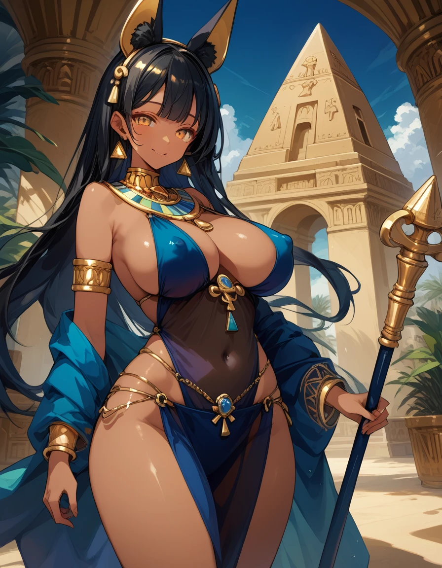 score_10,score_9_up,score_8_up,score_7_up, hadrian, looking at viewer, with Pyramid of Khufu view, in Egypt, female anubis, egyptian clothes, egyptian mythology, truncheon,staff, long black hair, dark skin, tall, wide hips, large breasts, voluptuous, mature, seductive, milf, amber eyes, lewd smile, skimpy outfit, see-through, nipple bulge, close up,