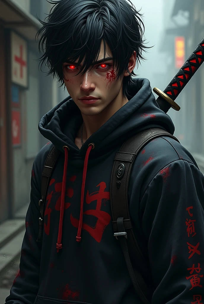 An injured male character with red eyes, black hair tossed to one side, black sweatshirt with red details, and a katana