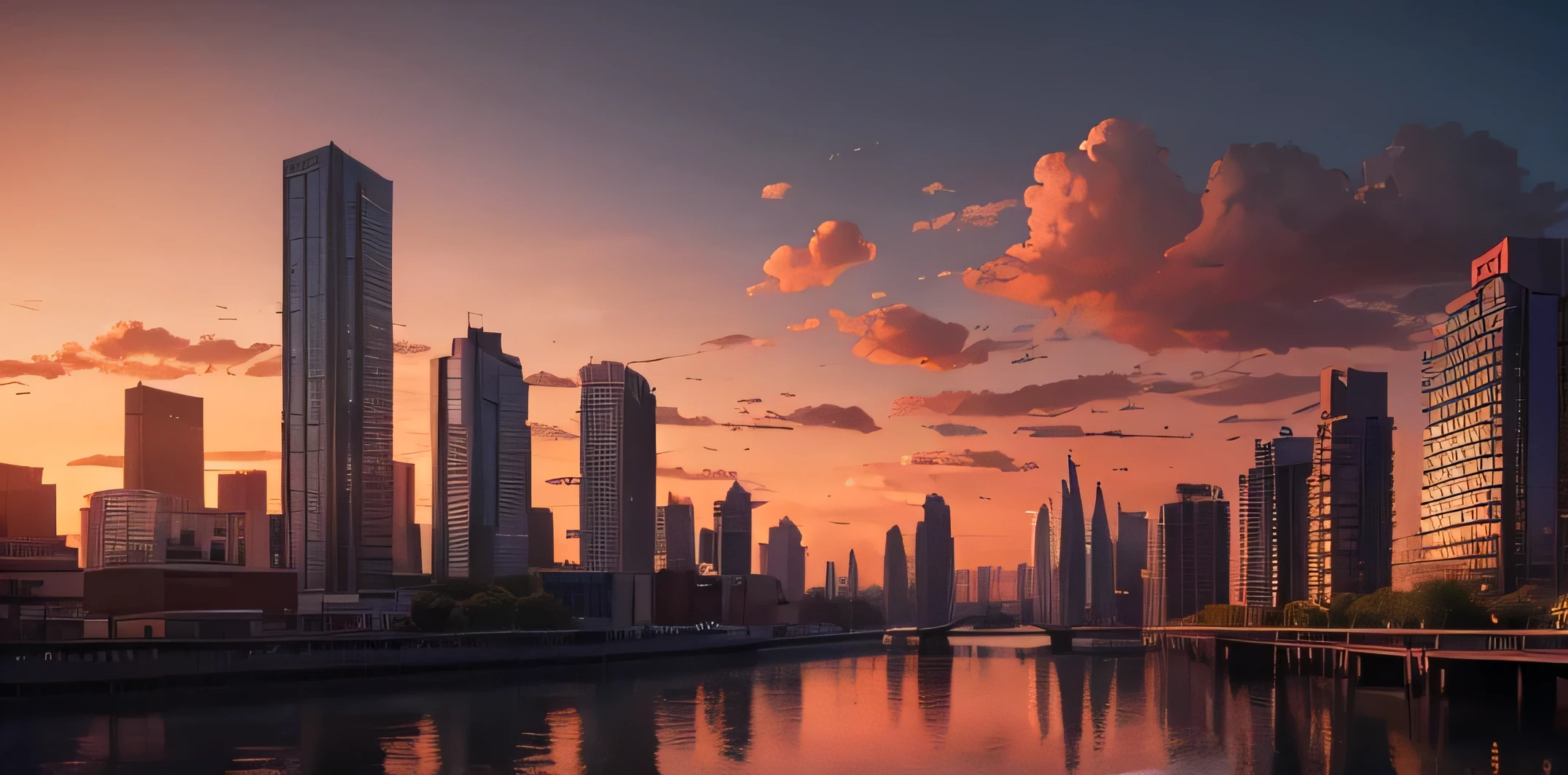 Buildings at sunset,high resolution, high quality,Red hue,Outdoor large scene,Evil Man ,Evil Woman,Standing in front of the camera with high-rise buildings behind,river,cloud,dusk,Illustration style,high quality 8K ,Atmospheric poster,
