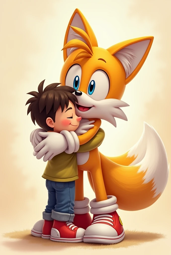 Tails hugging a younger boy with his shoes and gloves on