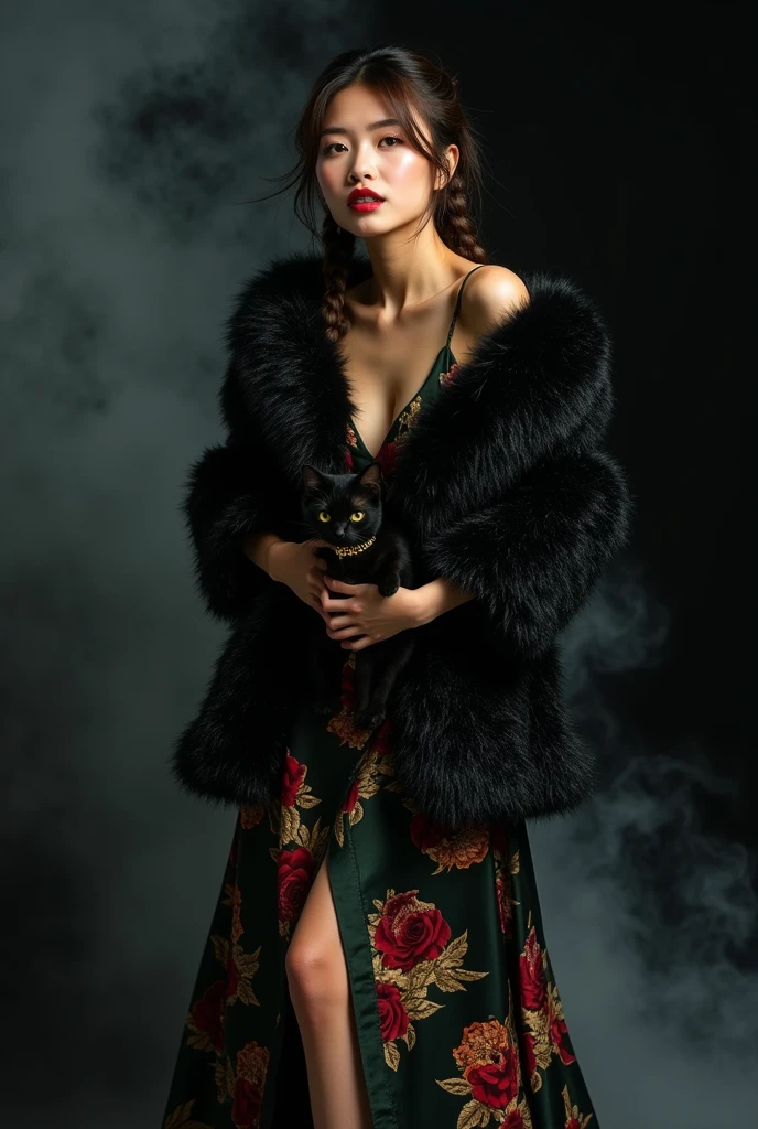 beautiful tanned japanese woman, wearing a designer fluffy black glittery fur coat, and floral (dark green, red, gold) fabric loose satin dress, thick eyebrows, photorealistic, masterpiece, moncler, messy two braids brown highlighted hair, open coat, lips pouting, pouts, void black background with smokes and nice lighting, holding black sphinx cat with gold collar