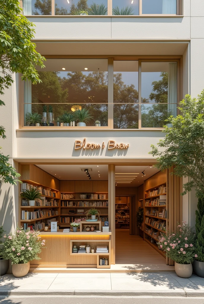 Exterior modern aesthetic and a light beige vibe of café with flower shop and book shop. EMPHASIZING the name of the shop "BLOOM & BREW BIBLIOTHECA".
