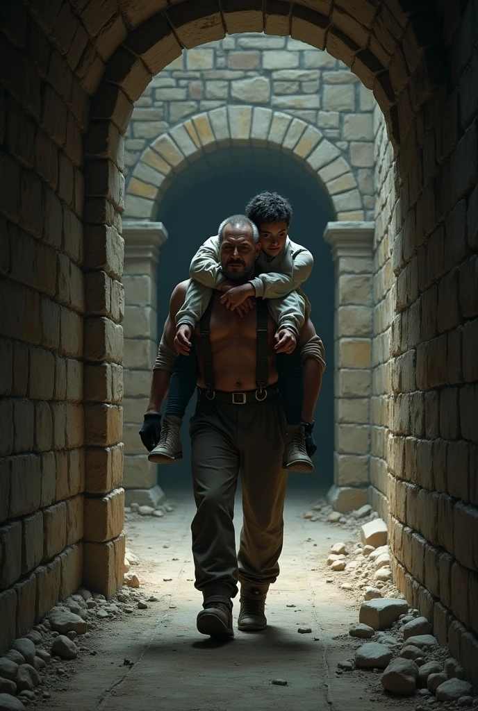 A strong bricklayer is carrying a manager with an injured head on his shoulders. The bricklayer, with visibly tense muscles and an expression of effort, go through a stone door, which is partially open. The stone corridor is narrow and dark, with old and worn stone walls.

The bricklayer está saindo para dentro de uma sala. The room is large and cavernous, with rough stone walls and dim lighting. The floor is uneven, covered in dust and debris. The manager, with a pale look and pained expression, is passed out, supported on the bricklayer&#39;s shoulders. The room has an air of abandonment, with few shadows cast by the walls.