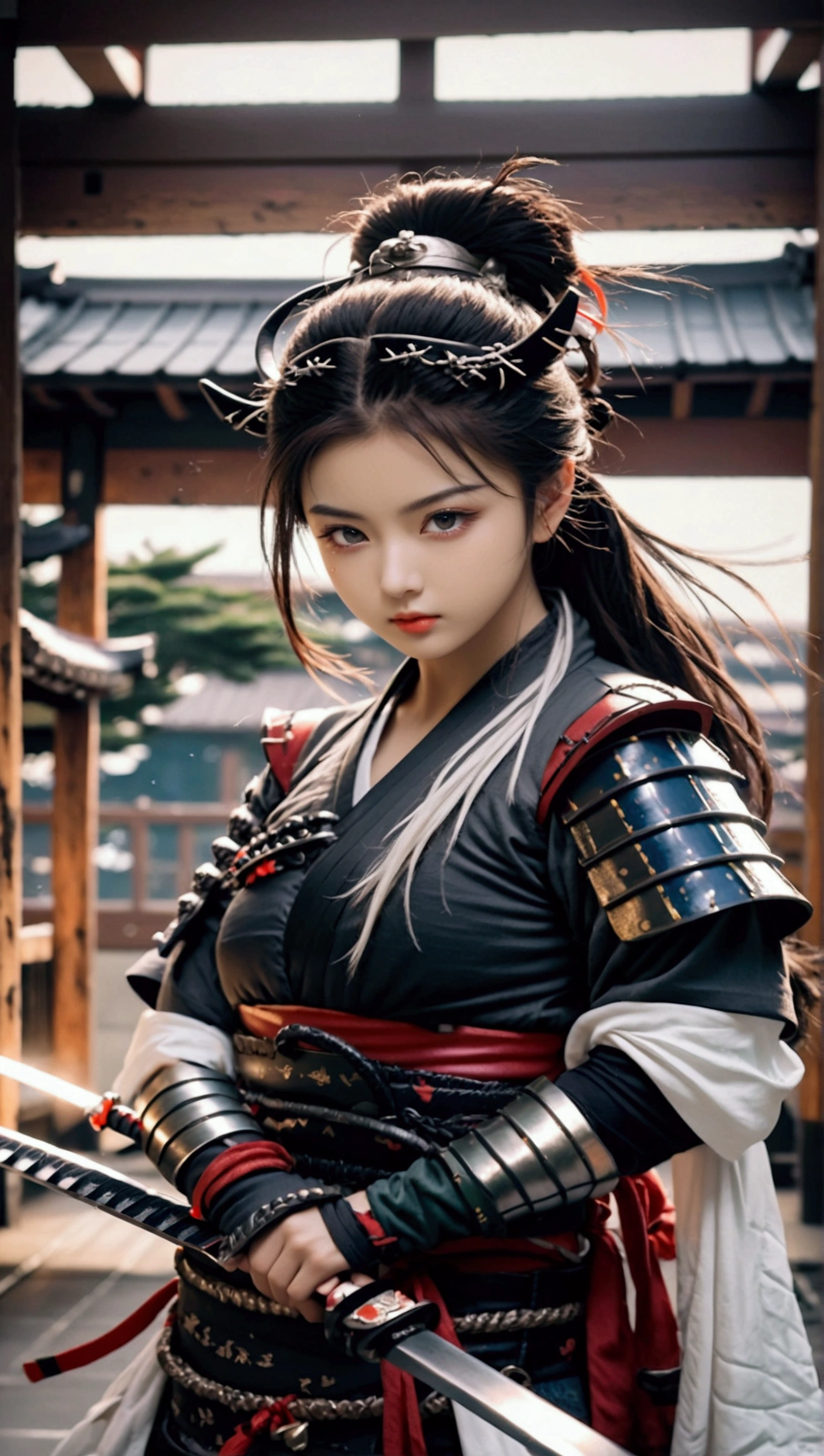 (Japanese sword &reference;Muramasa 2&reference;.2)Two beautiful women、Japanese swordを持った女性、Shinobi Costume、Warrior、Clear Eyes、{Arm tattoo、Warrior、Realistic battle scenes、敵Warriorの返りBlood、Blood、High resolution、Highest quality、Very detailed、8k、background、