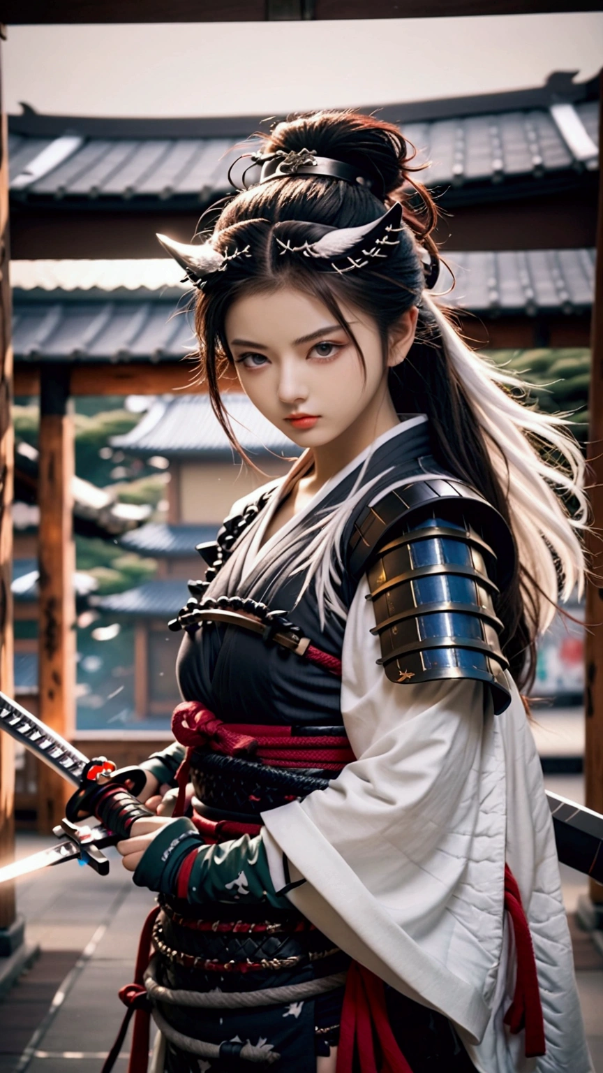 (Japanese sword &reference;Muramasa 2&reference;.2)Two beautiful women、Japanese swordを持った女性、Shinobi Costume、Warrior、Clear Eyes、{Arm tattoo、Warrior、Realistic battle scenes、敵Warriorの返りBlood、Blood、High resolution、Highest quality、Very detailed、8k、background、