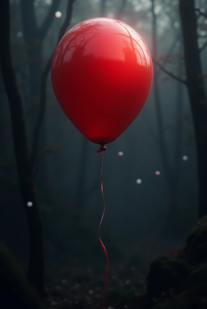A red baloon is floating in the dark