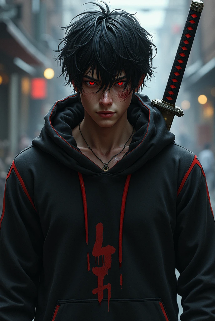 An injured male character with red eyes, black hair tossed to one side, black sweatshirt with red details, and a katana 