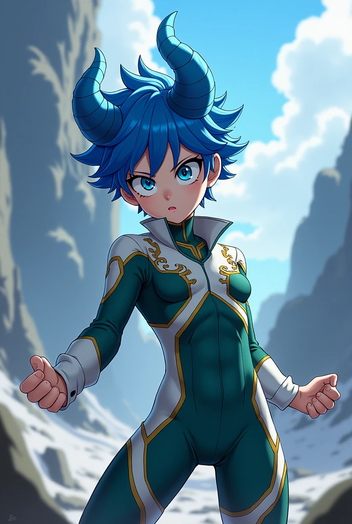 Create an anime character similar to Deku with blue hair with blue horns at the beginning and white at the end, blue eyes, white skin and clothes similar to Deku's