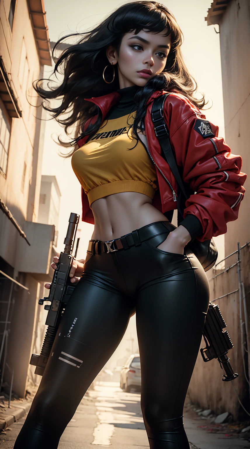 motor world,unreal:1.4,CG ultra realistic 64K, photorealistic:1.4, skin texture:1.4, masterpiece:1.4,Beautiful woman with long hair hat、holding gun, AK-47, assault rifle, kalashnikov rifle, trigger_discipline, low-ready Cyberpunk bike style short clothing,yellow color, pantimedias red, sexzy elastic pant