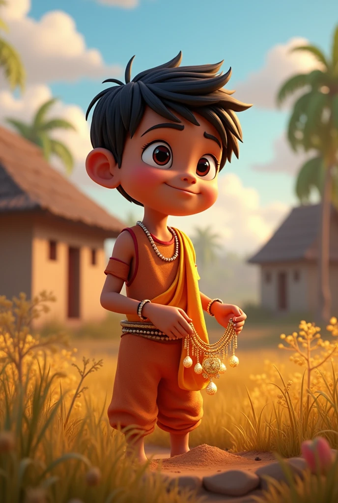 In cinematic 3d cartoon style '**Title: मोहन की अच्छाई**
**Description:** A picturesque village scene featuring a young, hardworking boy named मोहन in traditional attire, working diligently in a field. In the background, there is a glimpse of a small, simple village with modest houses. The focus is on मोहन discovering a beautiful, sparkling piece of jewelry in the field. The jewelry is prominently displayed, reflecting its beauty. In another part of the scene, मोहन is seen presenting the jewelry to the village chief, who looks impressed. Finally, depict मोहन using the money received from the chief to repair a village school and helping impoverished villagers. The overall atmosphere should be warm and filled with a sense of community and goodwill'