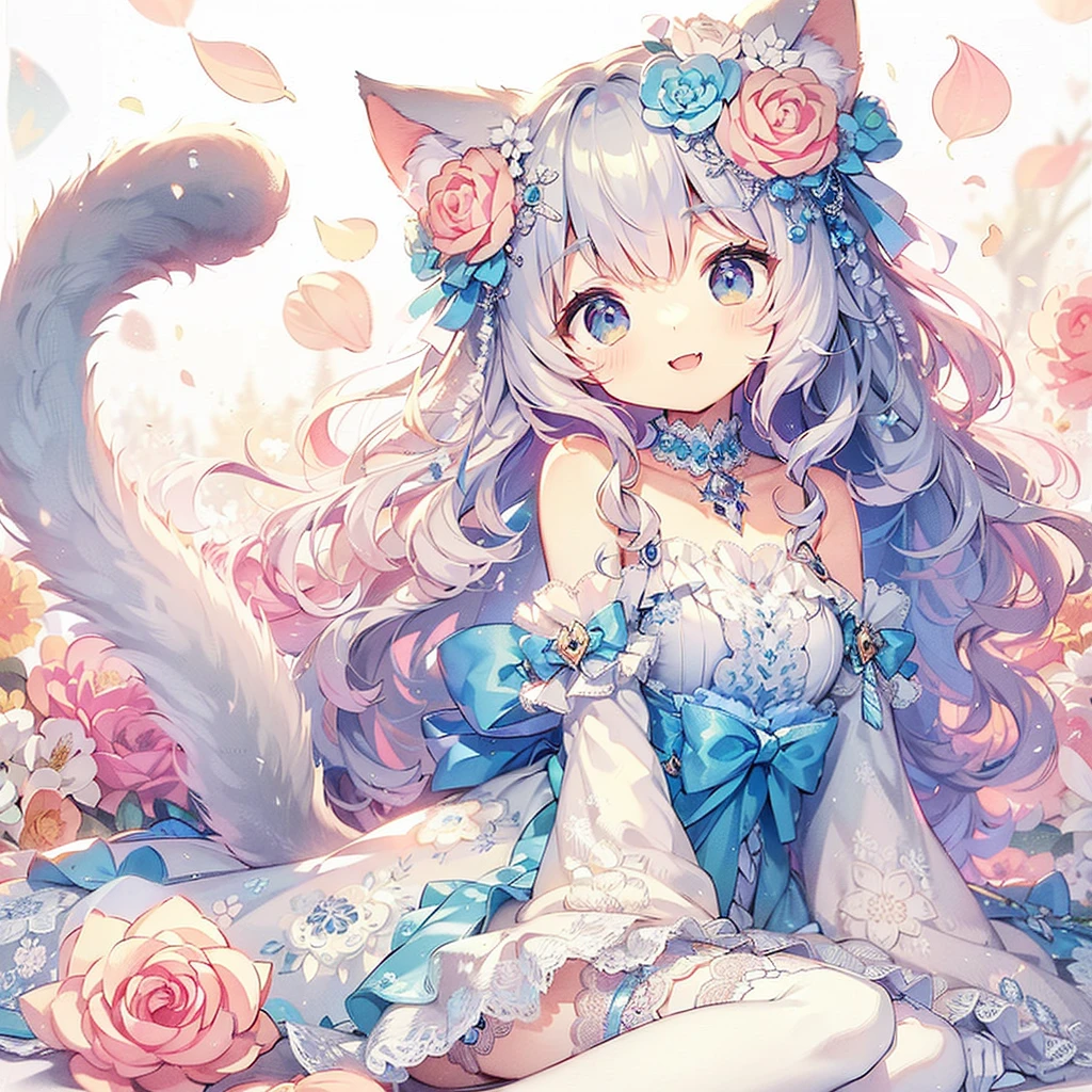 (Exquisite, beautiful, Very detailed, masterpiece, high quality,High resolution),(Well-formed face,Soft and thin lines,Beautiful and delicate illustrations with a mature and transparent feel, Pixiv-inspired anime illustration,A cute watercolor illustration of a beautiful girl in pastel colors that is going viral among Japanese people on Twitter),beautiful花々,petal,A tiny creature with fluffy, soft cat ears and a thin, long, flexible cat tail is on all fours, puffing out its chest and looking happy and relaxed.,She is wearing fluffy, soft clothes with lace, frills, and ribbons, and knee-high socks.,(Short eyebrows and pale pink blush, Plump pink lips,A small nose, a cat-like mouth with sharp Japanese fangs visible when smiling, and cat-like eyes.,She has a fairly large bust, an open chest, fair skin, a nice body, and a long, slender cat's tail.,),Dynamic angles with vibrant colors and striking colors,The fur is fluffy and soft,