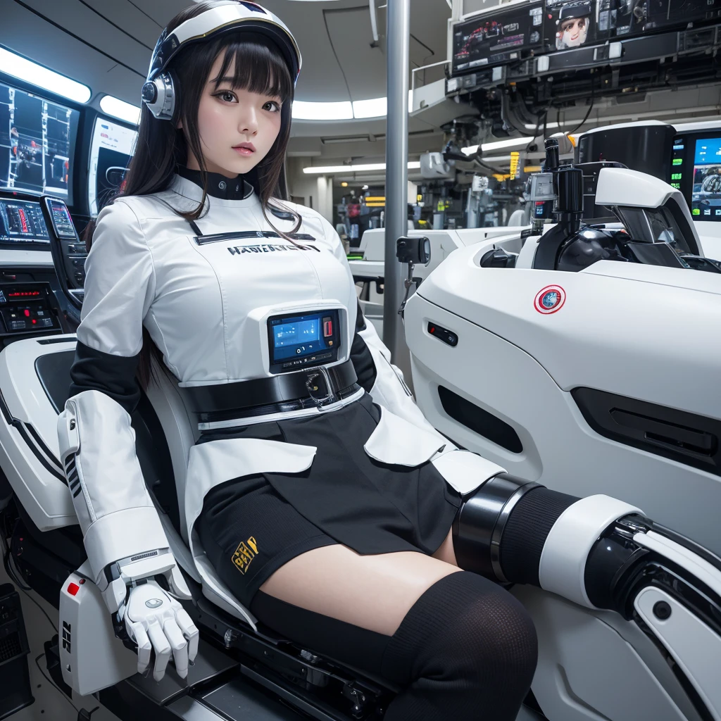 masterpiece, Highest quality, Very detailed,Portraiture, Japanese Android girl,Plump,Slightly thicker,Control panel,robot arms,robot,Android,cyborg,white robot body,Blunt bangs,robot repair plant,Black knee-high socks,cockpit,Seat belt,Helmet